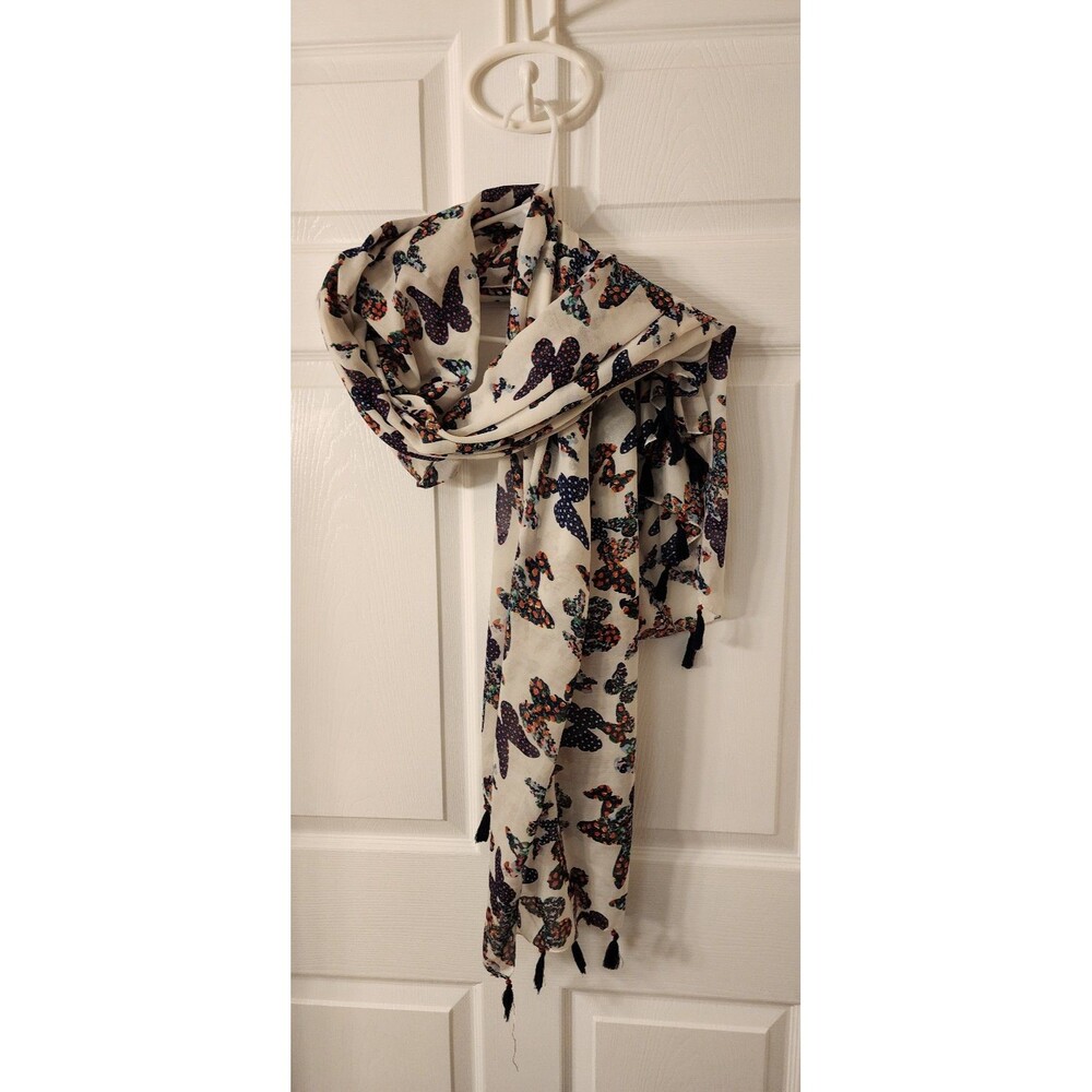 Large Butterfly Multicolor Scarf Shawl Navy White Orange